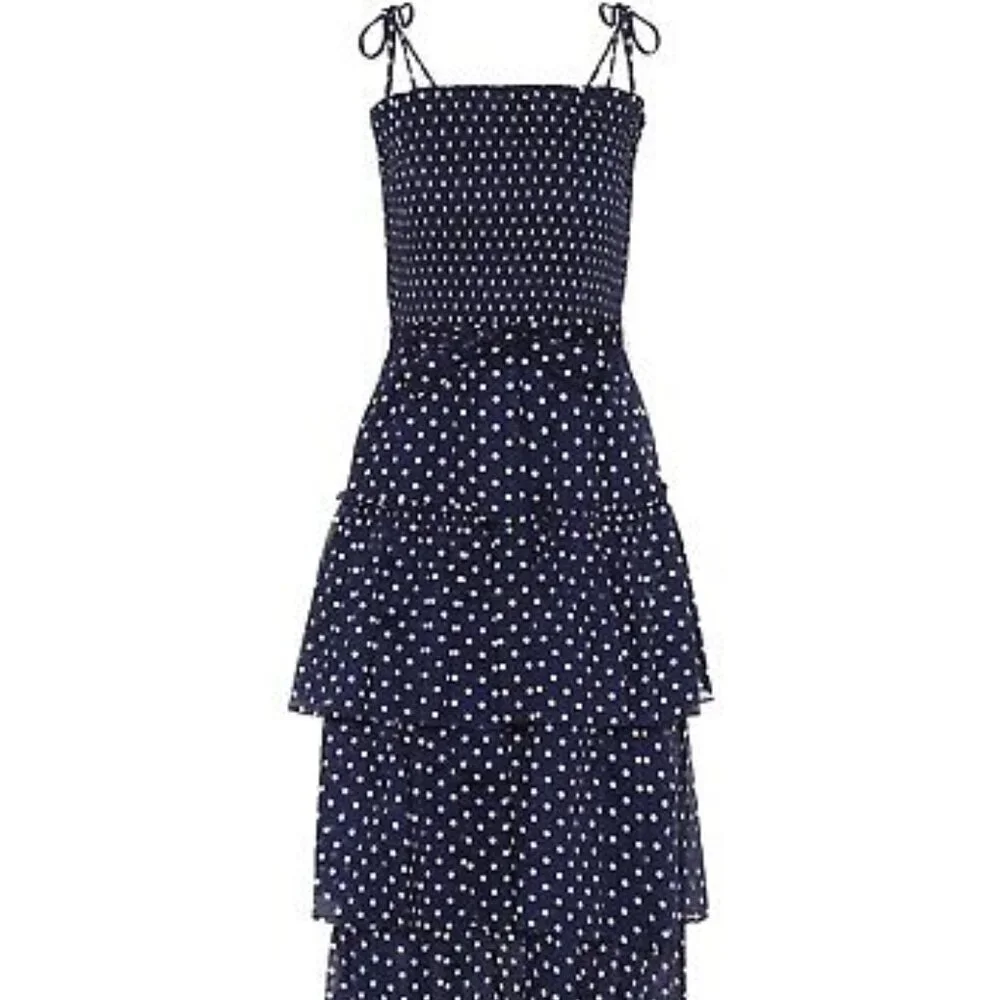 Tory Burch Silk Printed Tiered Ruffle Dress - Navy Polka Dot - size small
